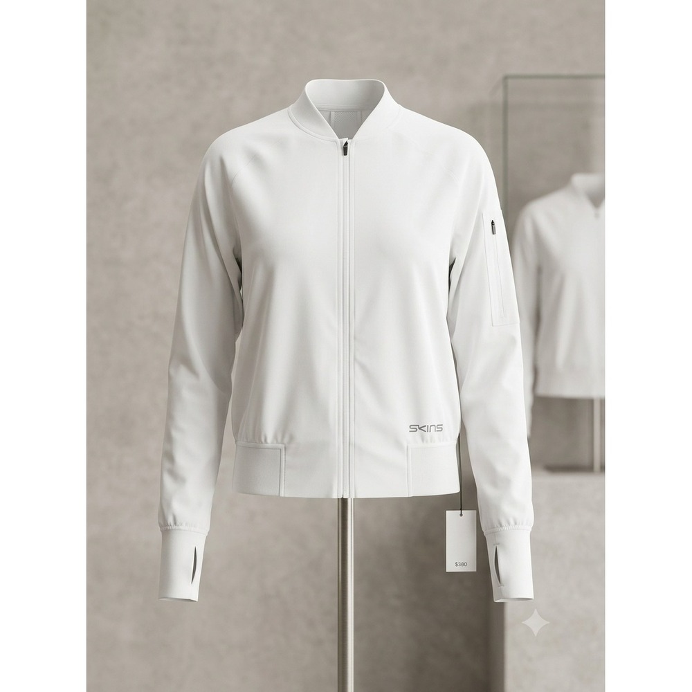 Skins Womens White Compression Bomber Jacket Full Zip Mesh Back Thumbholes Small